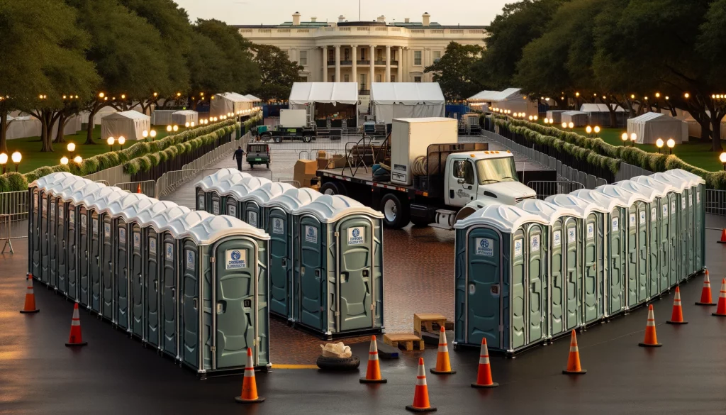 Festival porta potty bank with barricades in Worcester, Massachusetts